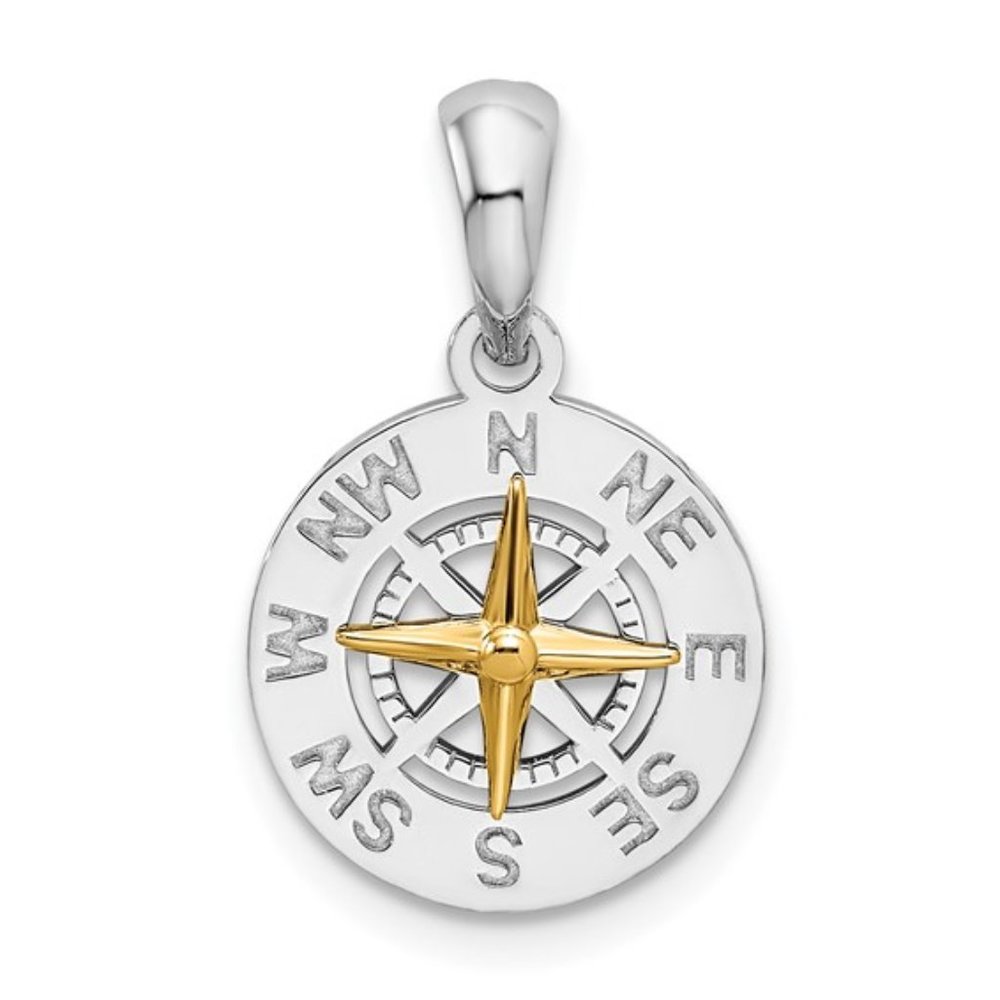 925 Sterling Silver Polished MINI Compass with 14k Gold Needle Necklace Pendant